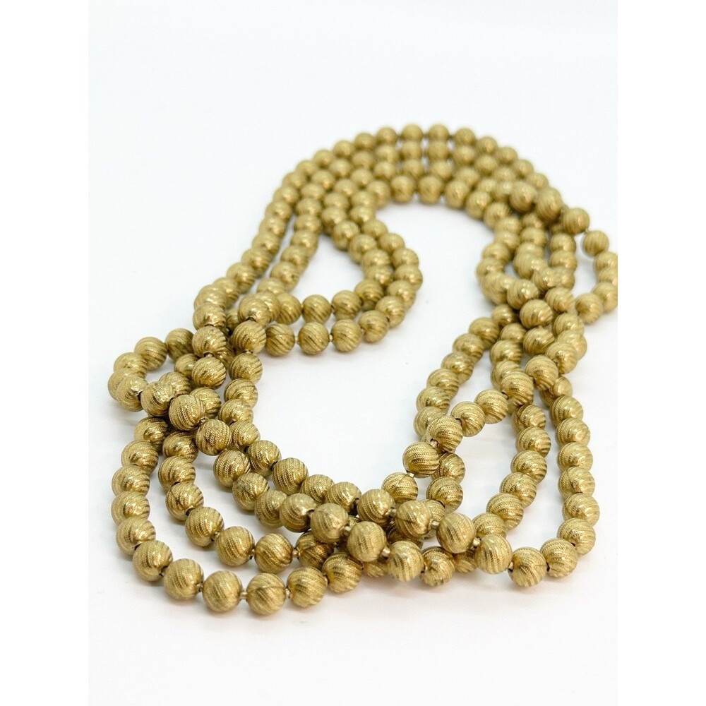 Vintage Gold Tone Ribbed Textured Ball Bead Necklace 60” Long Opera Length
